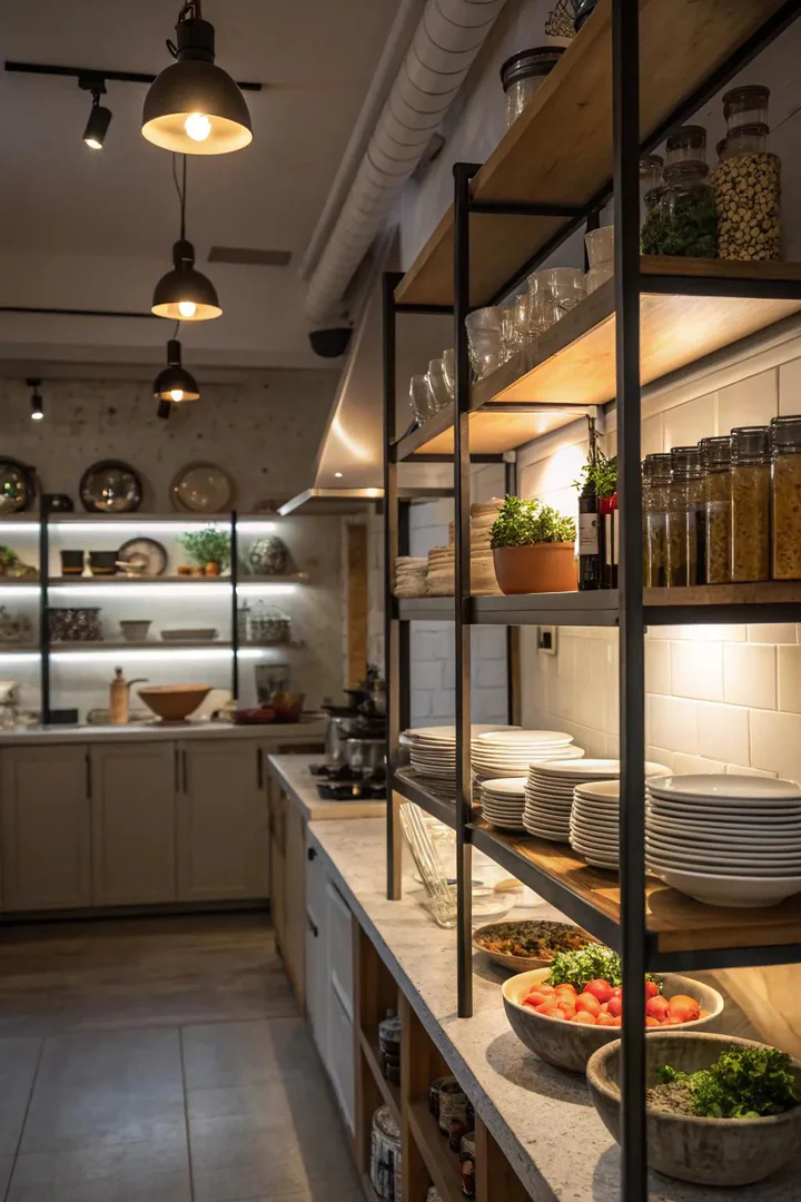 Spotlights enhance the display of your open kitchen shelves.