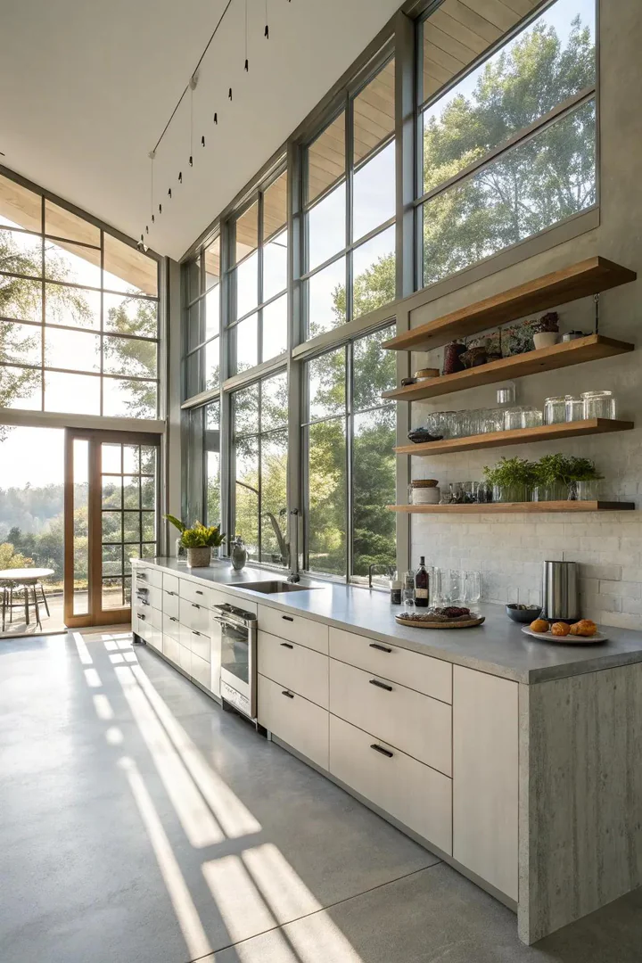 Floor-to-ceiling kitchen windows flooding the space with natural daylight