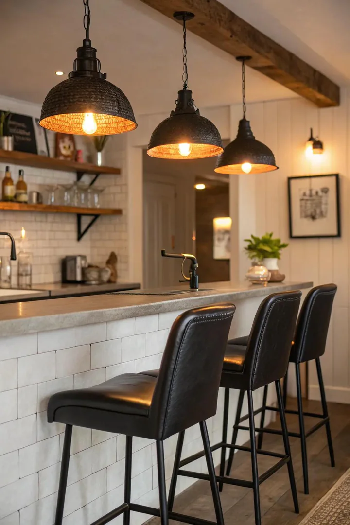 A small kitchen bar with bold pendant lights and dramatic stools.