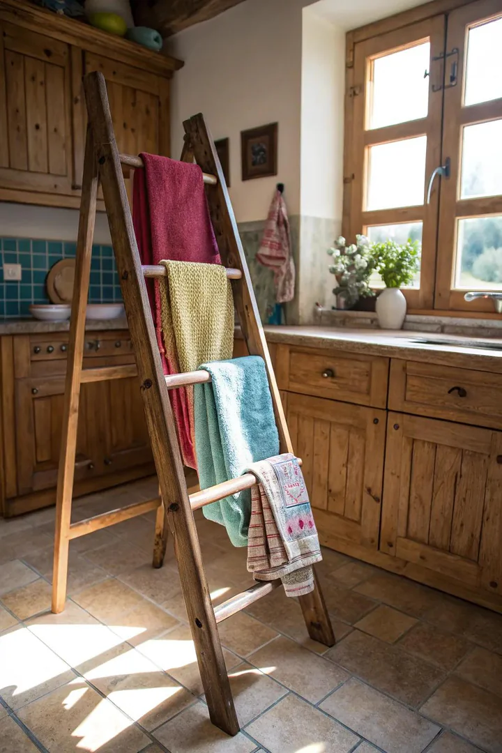 A vintage ladder offers a rustic and functional towel display.