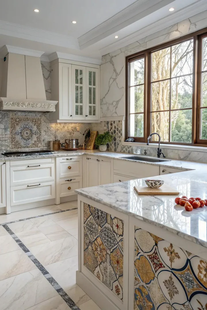 A kitchen showcasing diverse marble patterns.