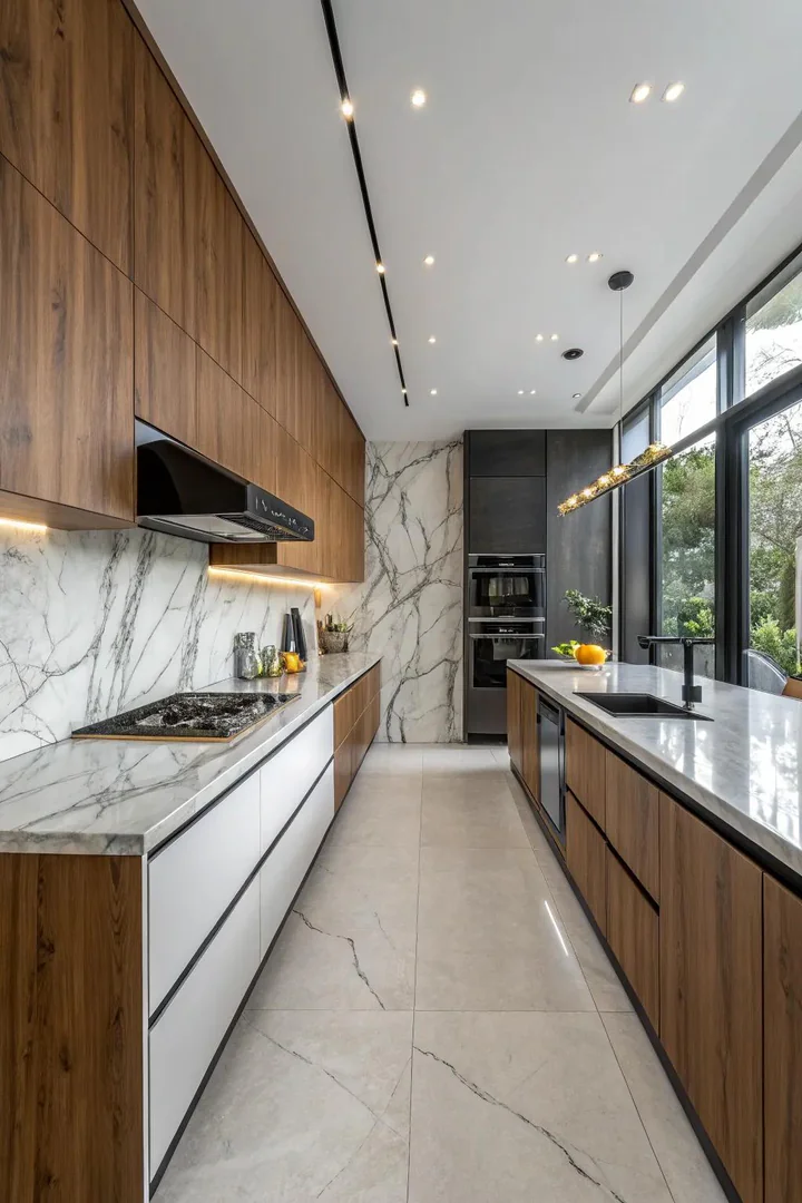 Dark walnut island paired with white quartz countertop and grey tile walls