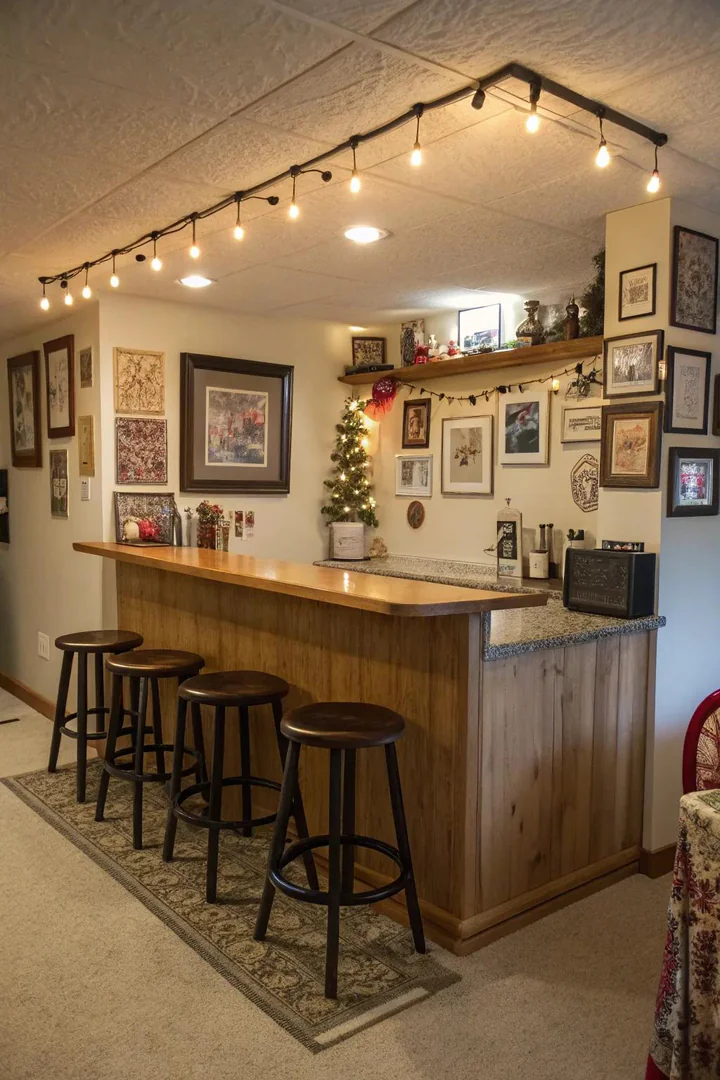A cozy corner kitchen bar with stools and artwork.