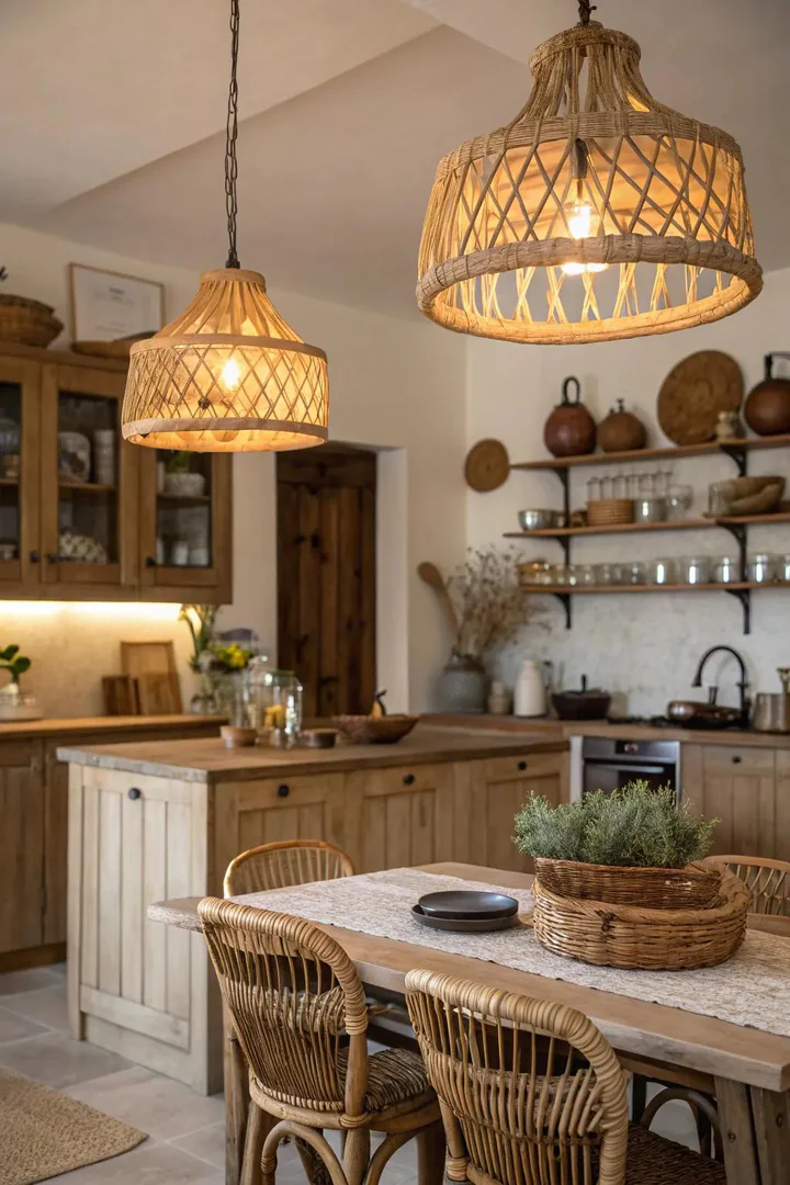 Natural materials in lighting fixtures create an organic feel.