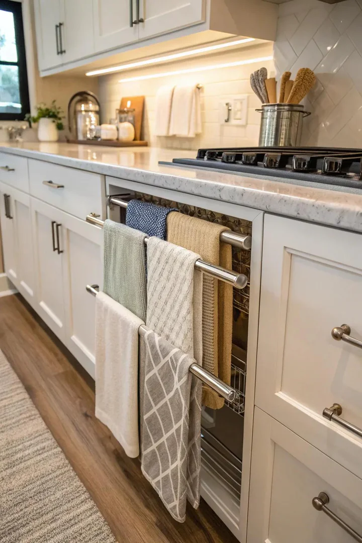 Under-shelf rods offer convenient and efficient towel storage.