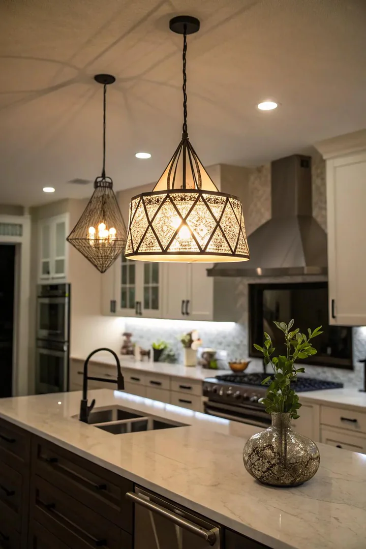 Artistic lighting pieces transform your kitchen into a gallery.