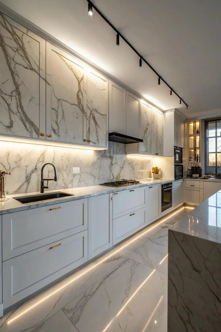 A kitchen with dynamic lighting accentuating marble.