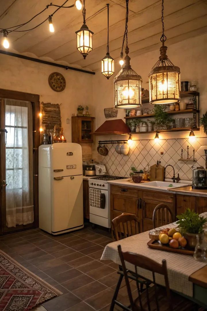 Vintage lighting adds nostalgic charm to modern kitchens.