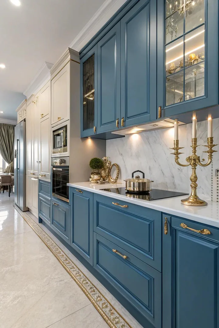 Metallic accents enhance the sophistication of blue kitchen cabinets.