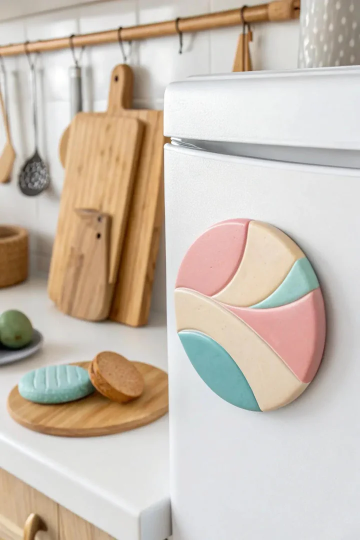 Add a touch of modern artistry to your kitchen with this abstract polymer clay magnet.