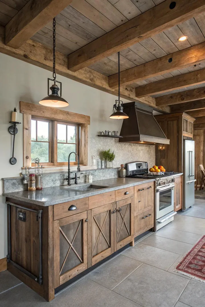 Farmhouse kitchen featuring industrial elements for a balanced design.