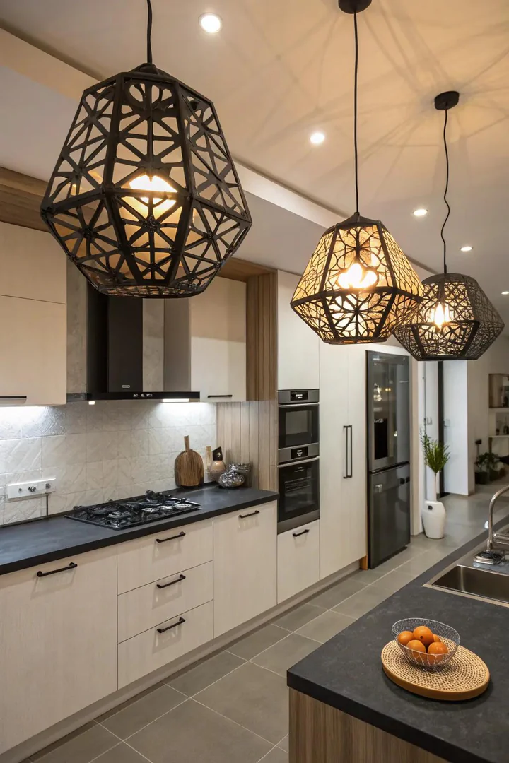 Geometric lighting fixtures make a bold statement in your kitchen.
