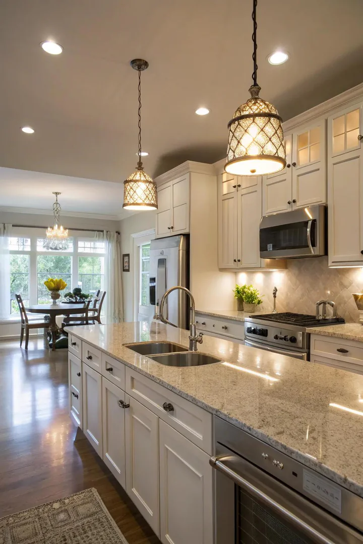 Reflective surfaces in lighting fixtures enhance kitchen brightness.