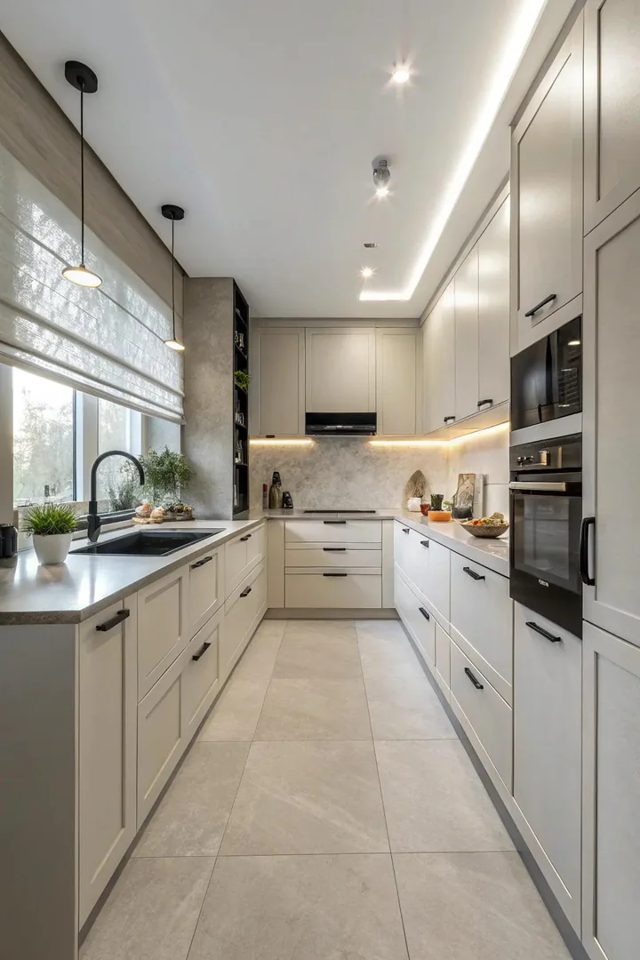 Flat-panel kitchen cabinets with push-to-open hardware in a matte white finish