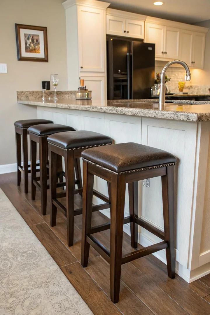Space-saving stools neatly tucked under a small kitchen bar.