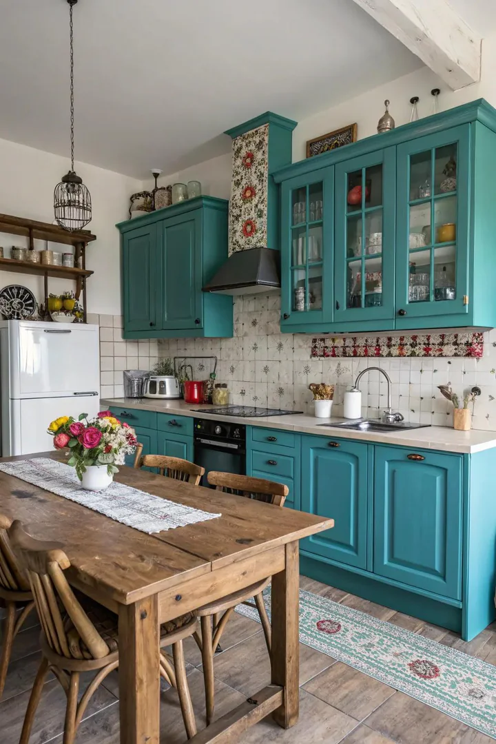 Farmhouse kitchen featuring bold teal cabinets with contrasting decor.