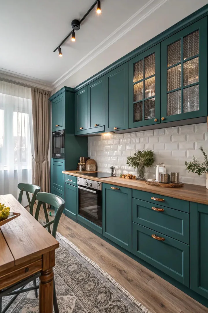 A cozy kitchen with dramatic deep teal accents.