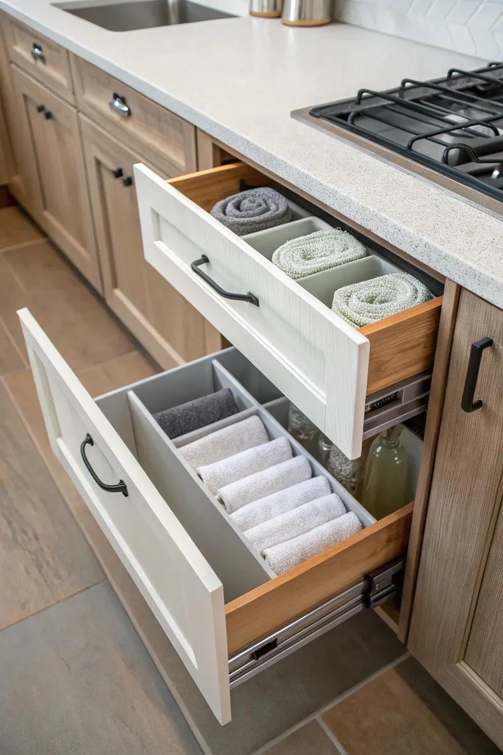 Pull-out holders offer hidden storage for a clutter-free kitchen.