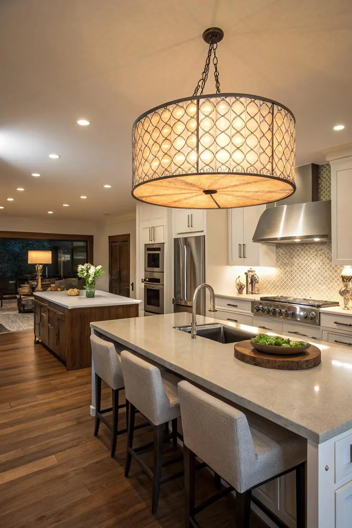 Sculptural pendant lights hanging over a modern kitchen island