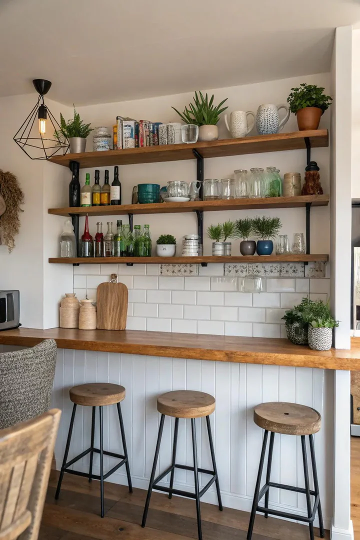 Stylish open shelving above a small kitchen bar with decorative items.