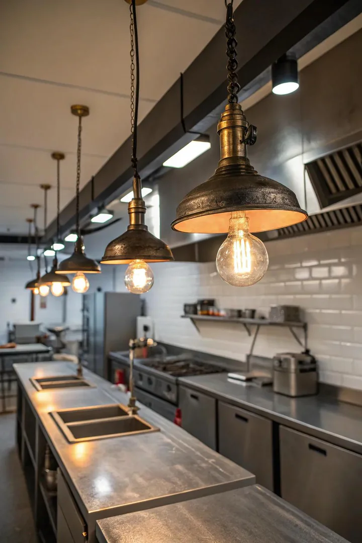 Industrial lighting brings a trendy, contemporary feel to your kitchen.