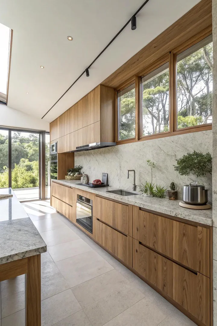 Natural materials introducing warmth and texture to a modern kitchen