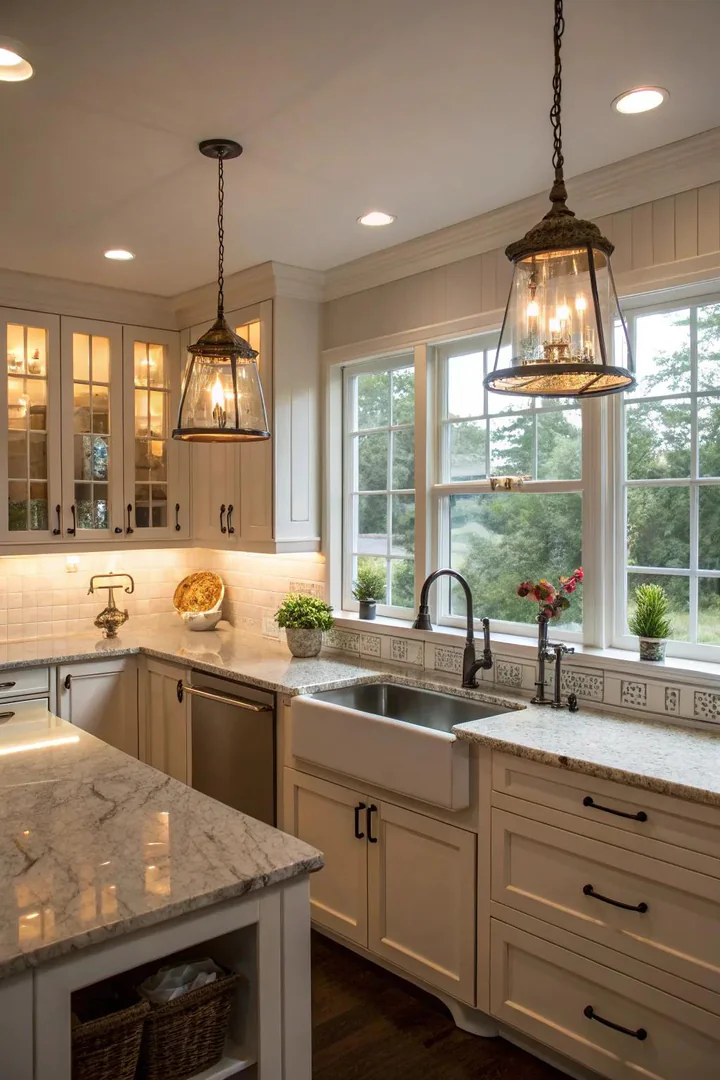 Layered lighting creates depth and enhances the kitchen's functionality.