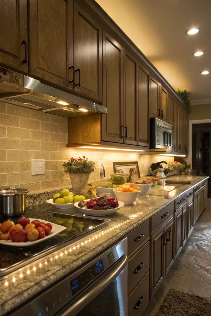 Under-cabinet lighting highlights your kitchen countertops.