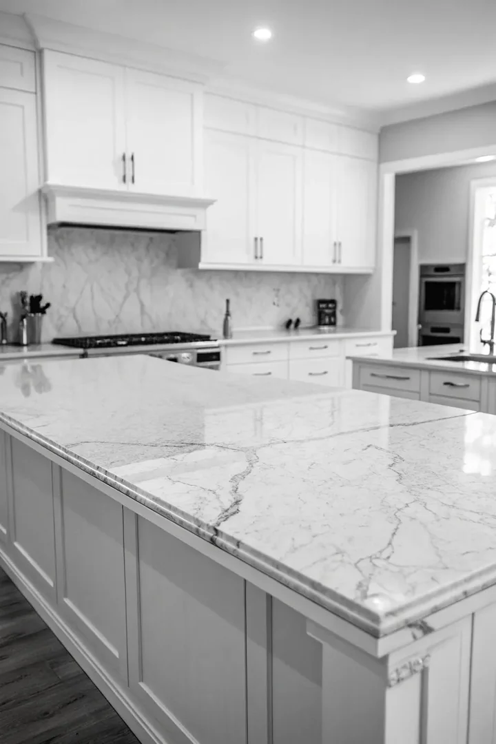A sleek black and white kitchen with marble accents.