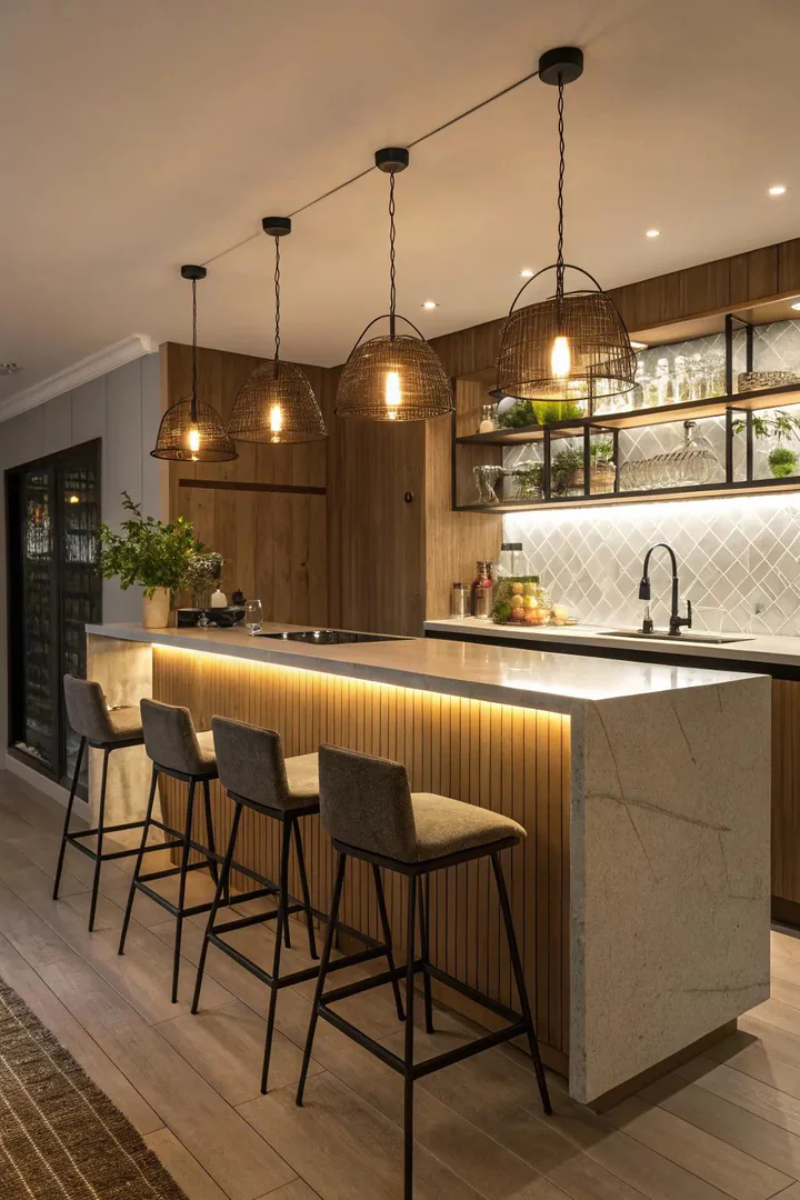 Pendant lighting over a small kitchen bar for an elegant touch.