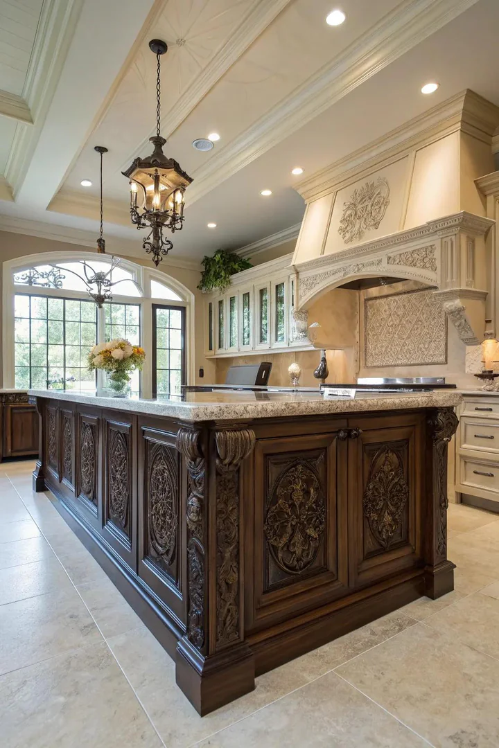 Ornate wainscoting adds traditional charm to this elegant kitchen island.