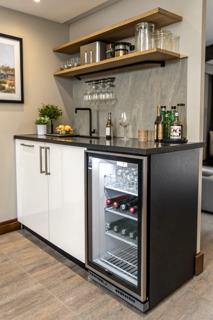 A small kitchen bar with integrated appliances like a mini fridge.