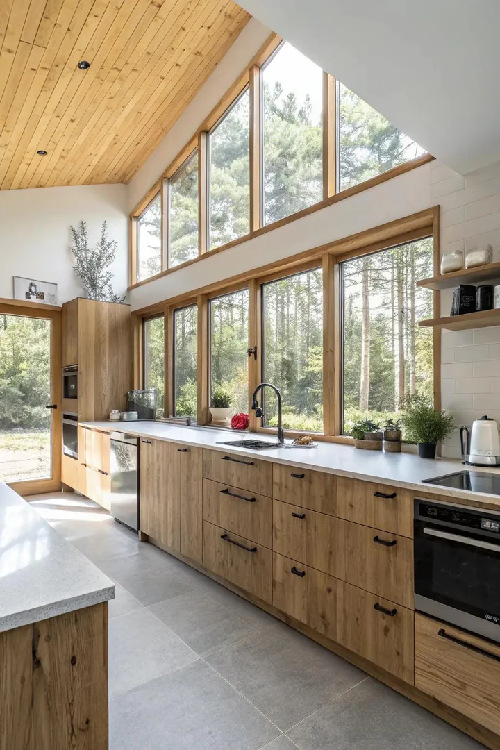 Energy-efficient induction cooktop and LED lighting in a sustainable modern kitchen
